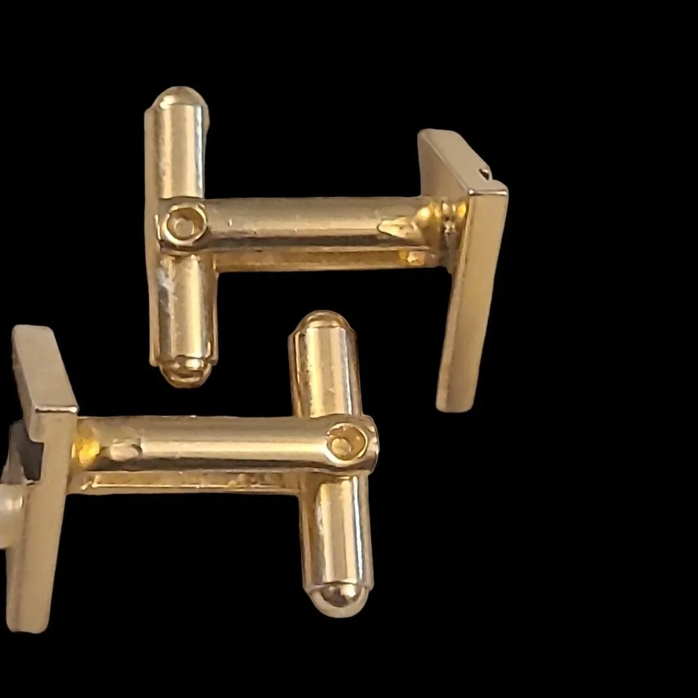 Vintage Gold Tone Faux Pearls‎ Black Enamel Men's Triangle Cufflinks Unsigned